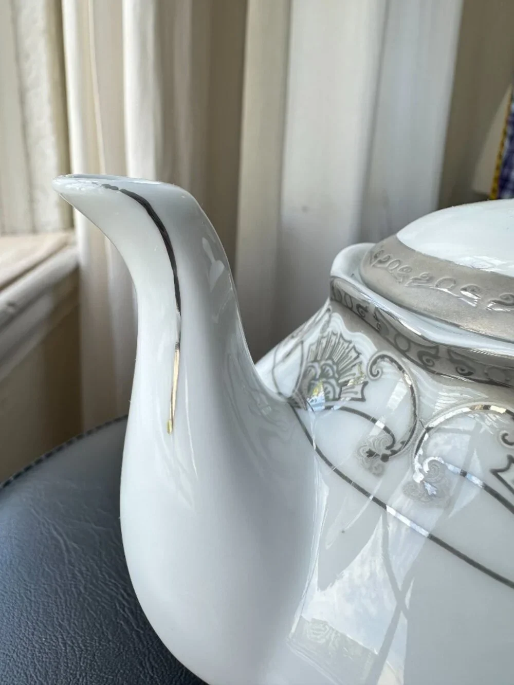 Vintage G S Fine Porcelain German Design Teapot Silver Gray Fan Pattern